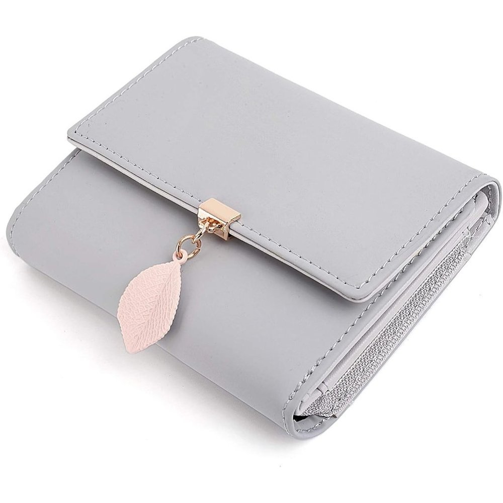 Women Small Grey PU Leather Leaf Pendant Zipper Coin Purse